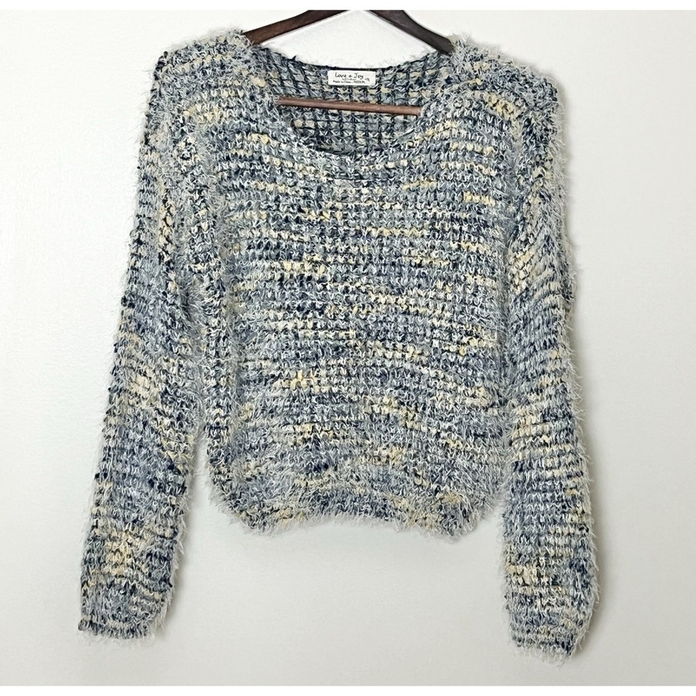 Love +‎ Joy Eyelash Sweater Women's Medium Blue Yellow Apres Ski Bon Chic Fairy